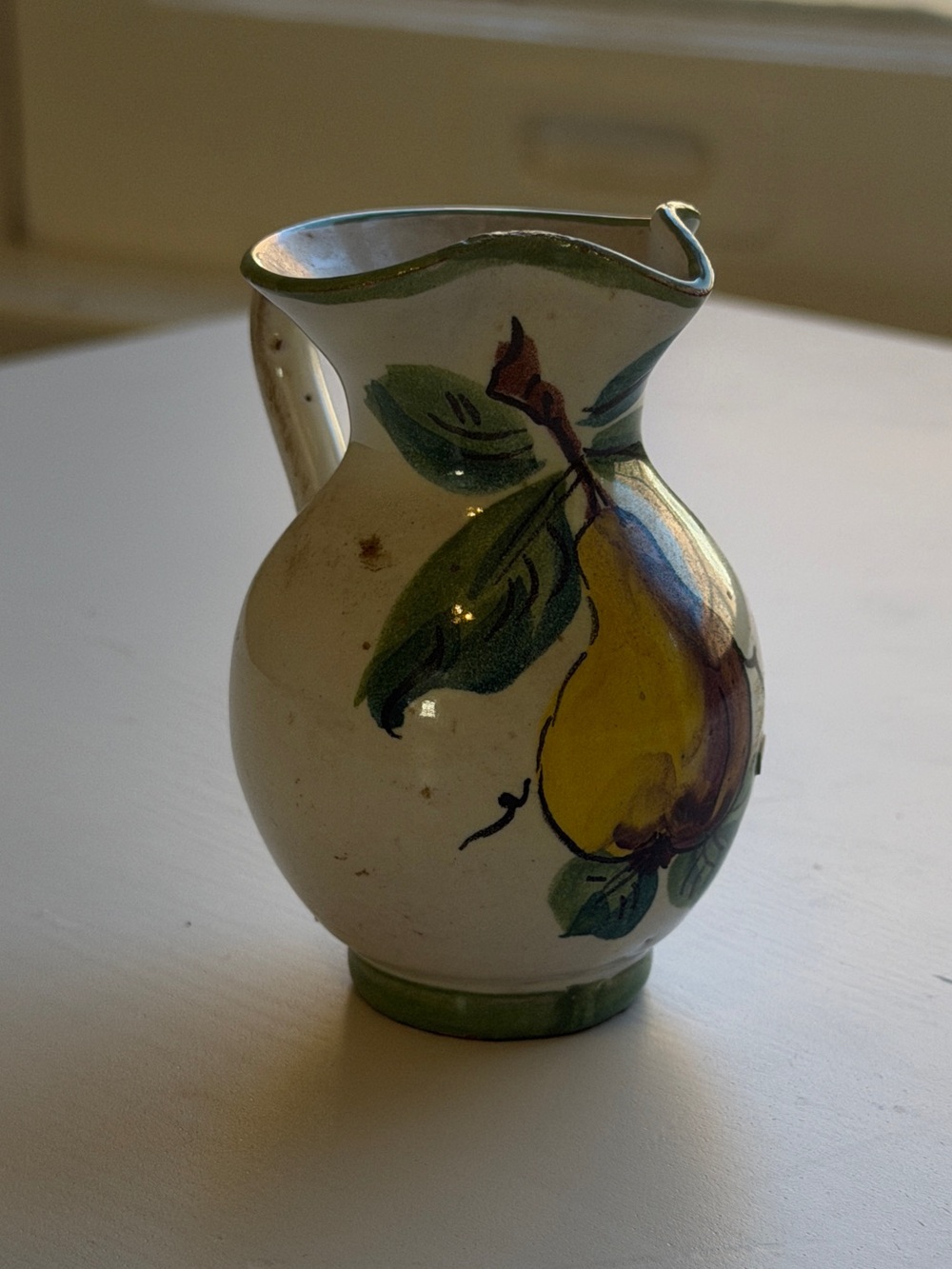 Vintage Miniature Hand-Painted Pear Ceramic Pitcher / Tiny Fruit Creamer